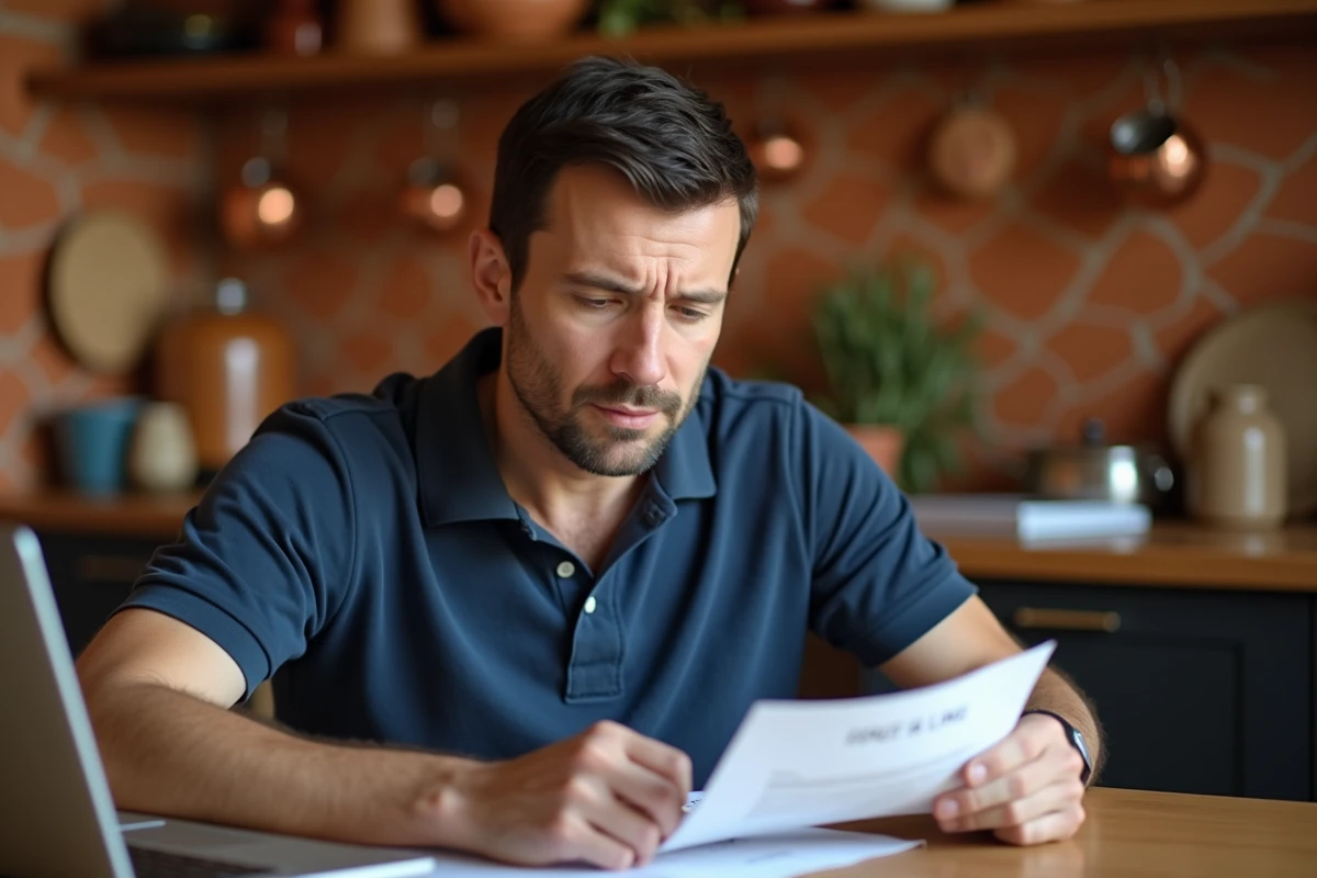 Homme examinant une amende italienne à son domicile avec un document officiel sur la table