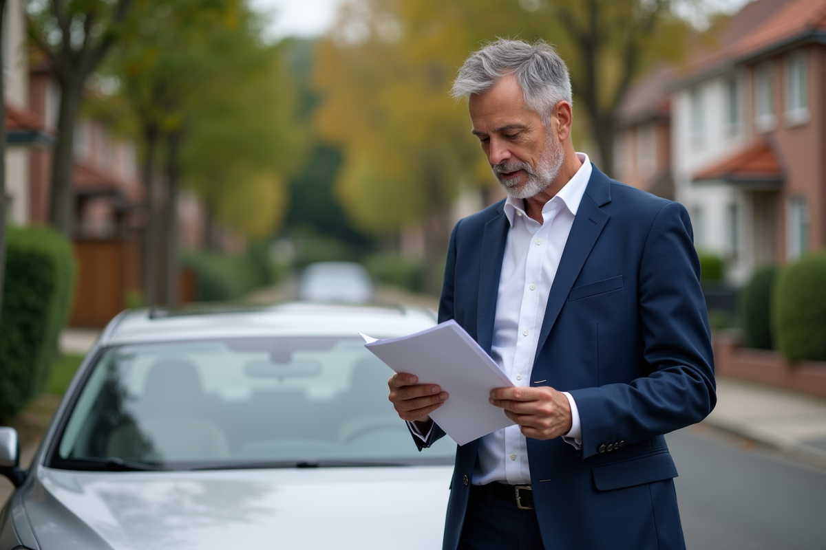 Homme d'âge moyen vérifiant documents d'assurance voiture