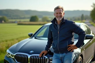 Homme souriant devant une BMW 2026 tii en pleine nature