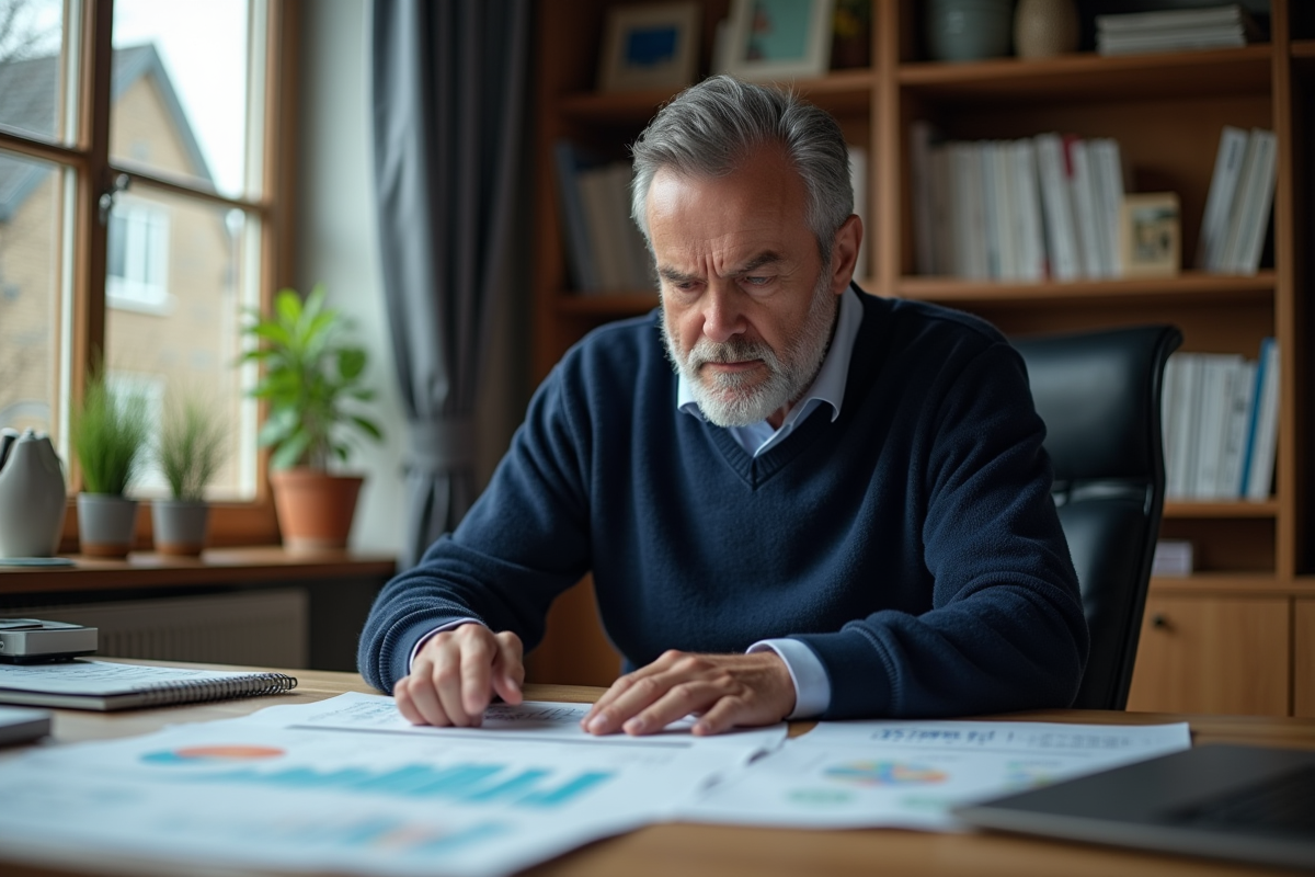 Homme d'âge moyen dans un bureau lisant des graphiques