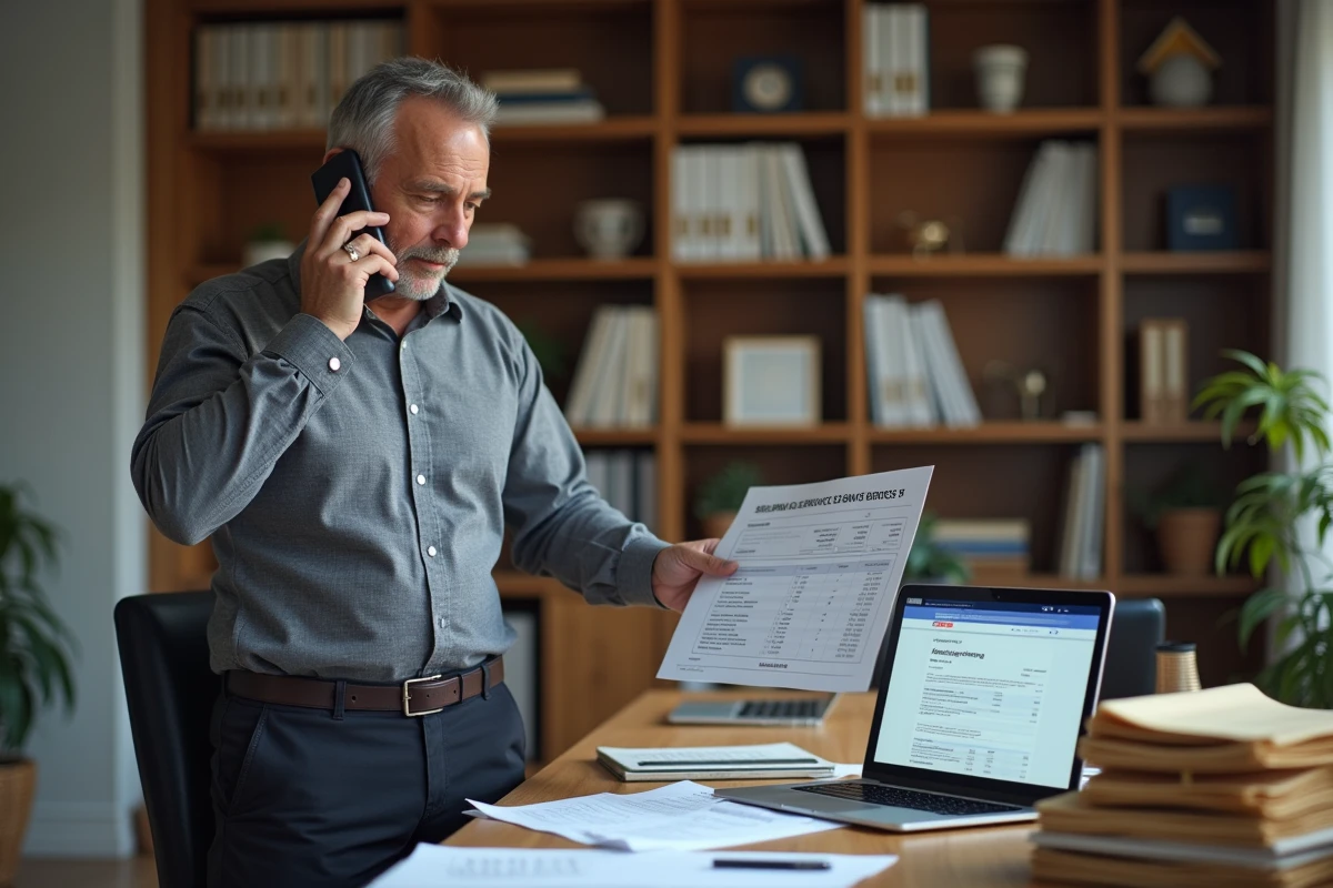 Homme au bureau contactant son assurance par téléphone pour négocier le remboursement des frais de gardiennage après sinistre