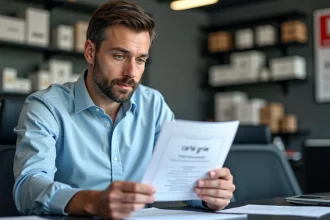 Homme consultant un document de carte grise au comptoir d'un centre automobile Norauto
