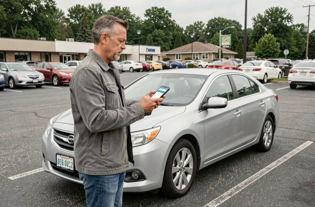 Homme debout près de sa voiture consultant une application de comparaison d'assurance auto sur smartphone dans un parking