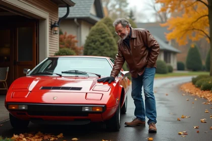 Homme d'&acirc;ge moyen polissant une Lamborghini classique devant un garage