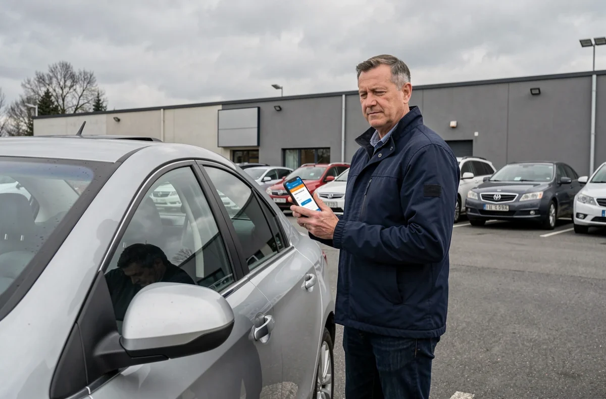 Homme comparant des assurances auto sur smartphone près de sa voiture