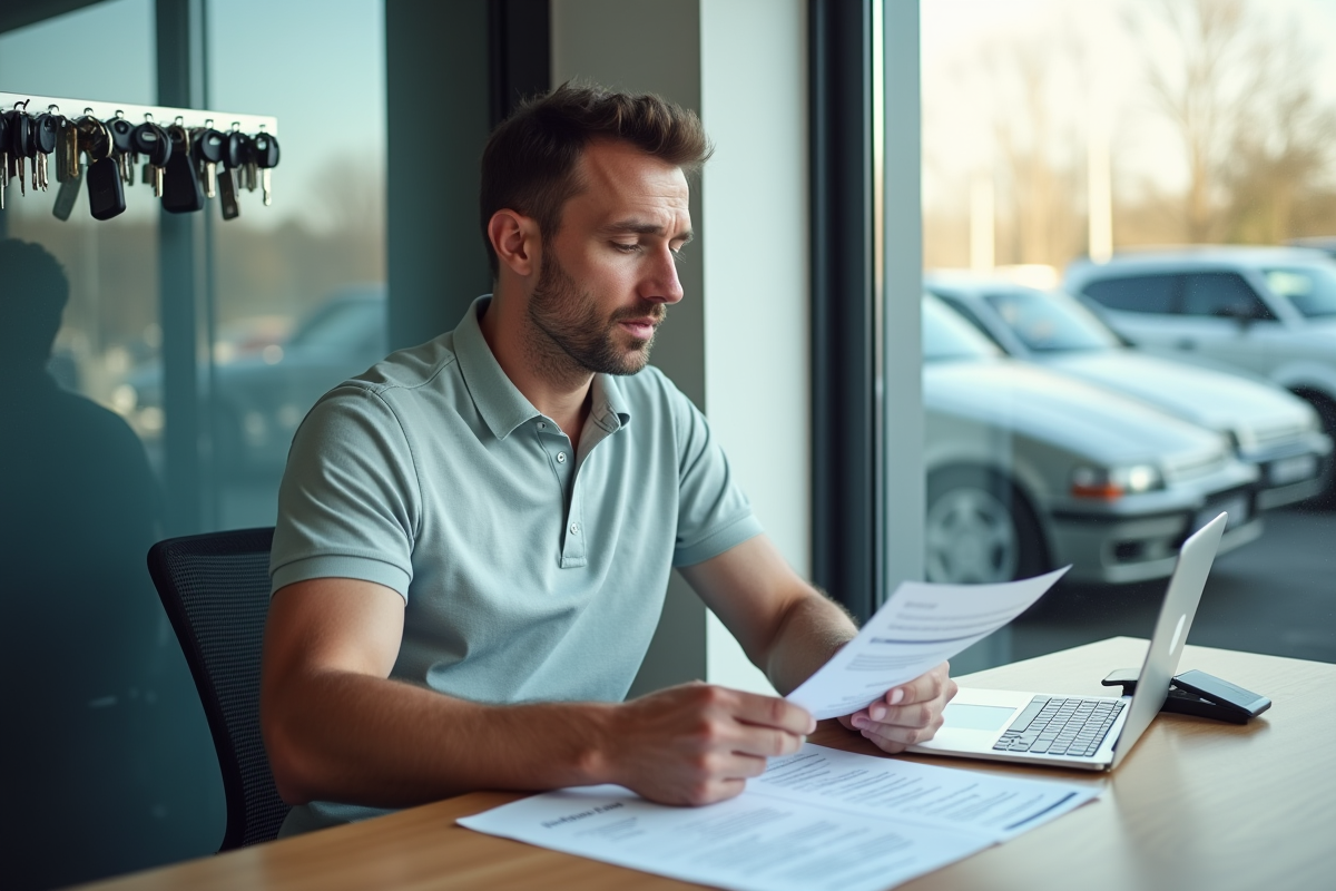Homme d'affaires examine des contrats dans une agence de location