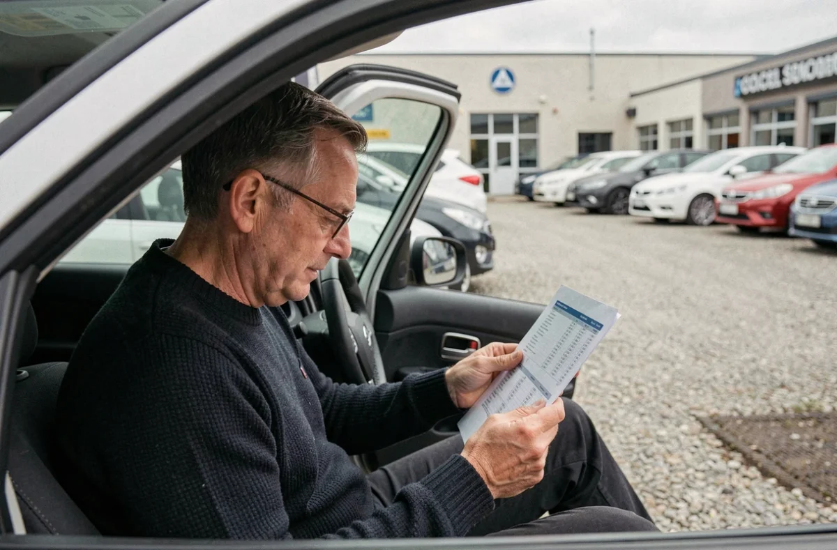 Homme consultant son contrat d'assurance auto dans sa voiture d'occasion le jour de l'achat