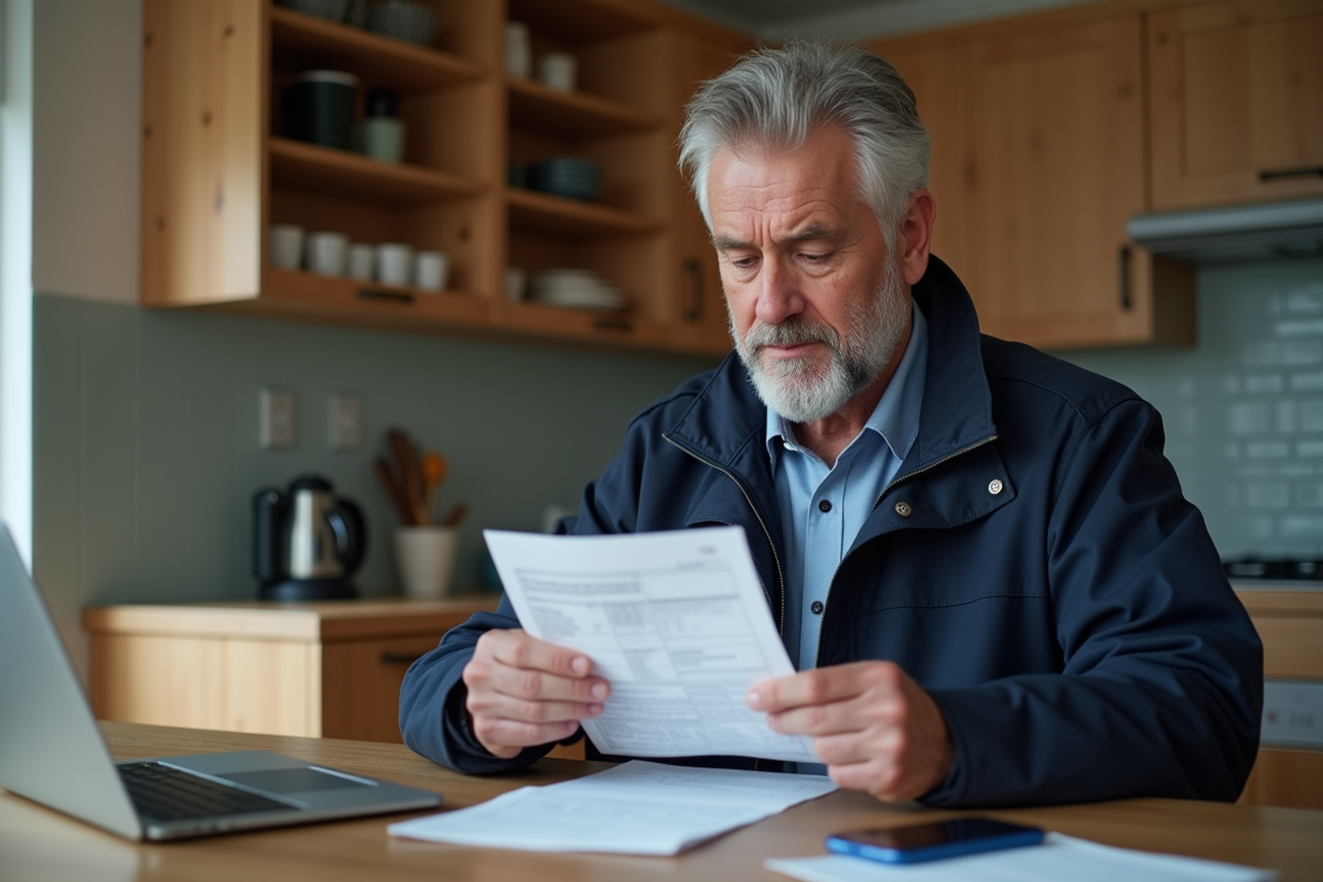 Homme d'âge moyen examine un ticket de stationnement dans sa cuisine