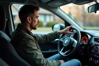 Homme regardant le tableau de bord d'une voiture moderne