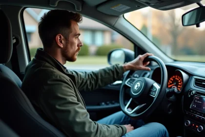 Homme regardant le tableau de bord d'une voiture moderne
