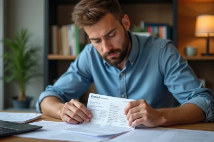 Homme d&eacute;tachant le coupon de sa carte grise dans un bureau moderne