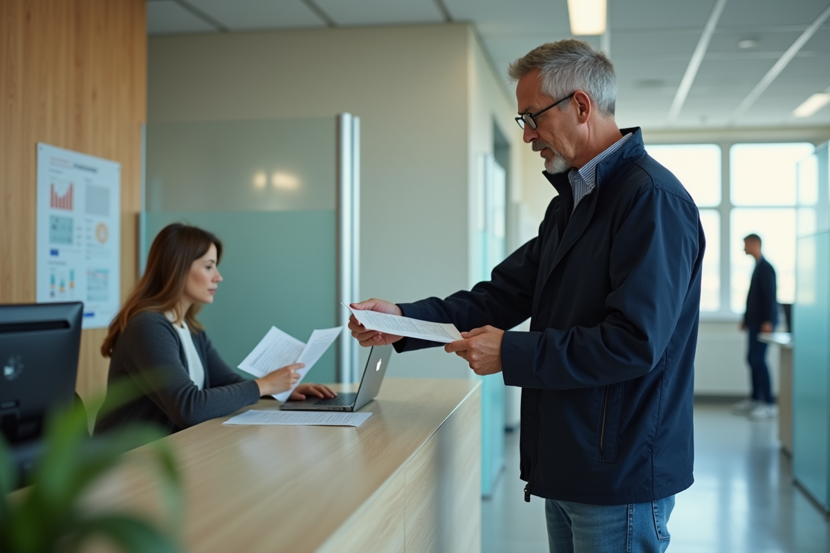 Homme d'âge moyen remettant un document à la mairie
