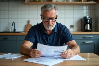 Homme lisant sa facture d'électricité à la cuisine pour comprendre sa consommation en kWh