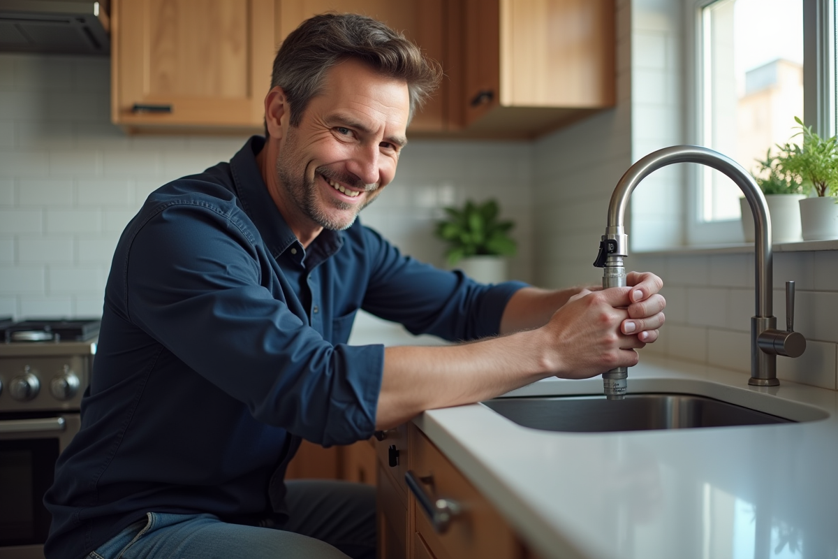 Homme d'âge moyen change un filtre d'eau dans la cuisine