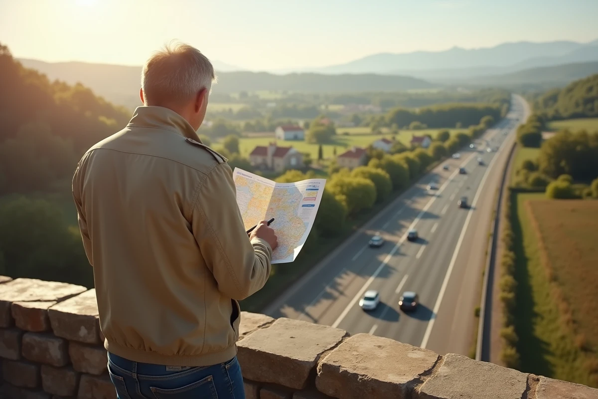 Homme &eacute;tudiant une carte autoroute en nature