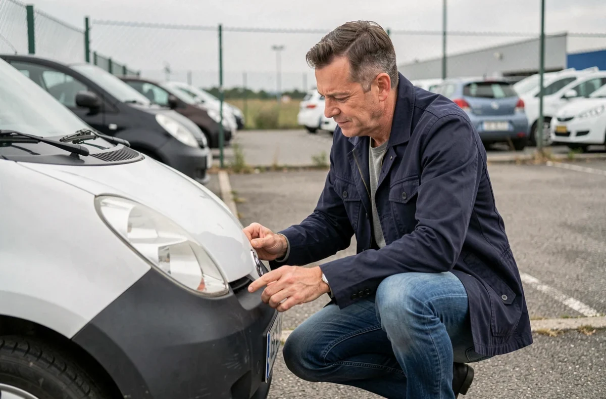 Homme inspectant une voiture sans permis d'occasion dans un parking de concessionnaire en Nord-Pas-de-Calais