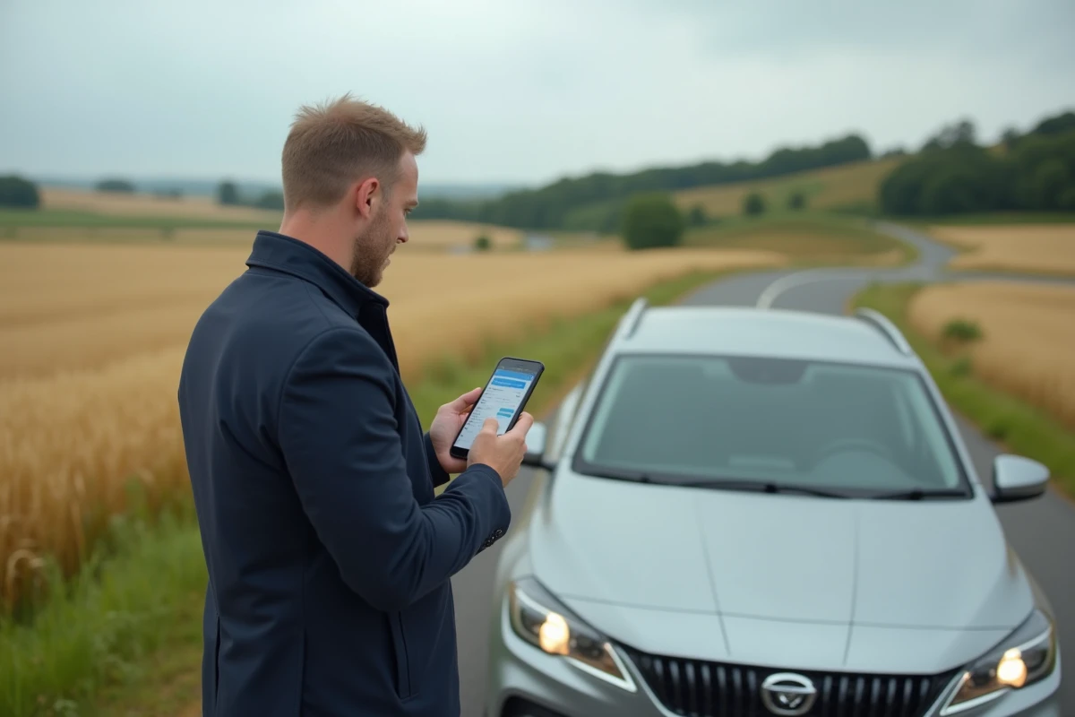 Homme en déplacement professionnel consultant un itinéraire Mappy sur smartphone au bord d'une route de campagne française