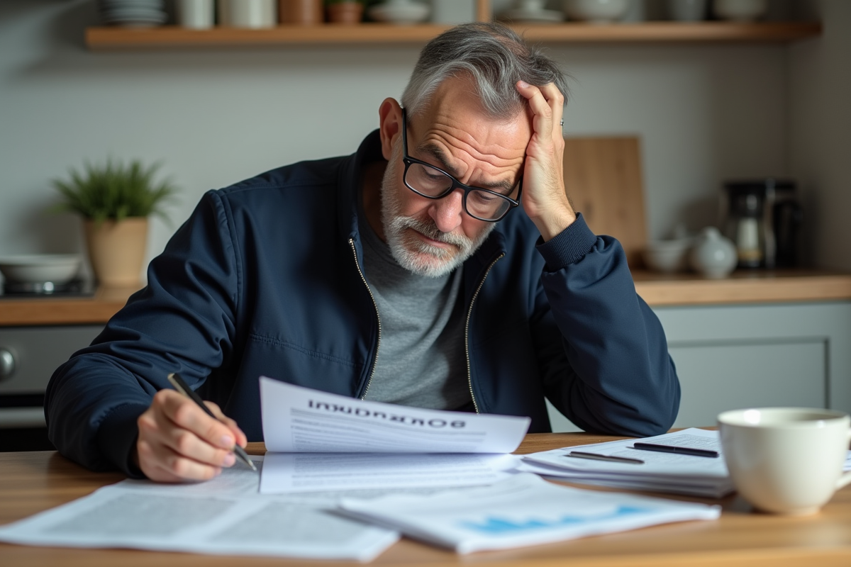 Homme d'âge moyen étudie une police d'assurance à la maison