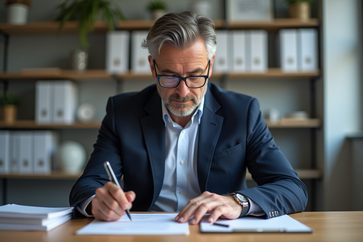 Homme d'âge moyen lisant un document dans un bureau moderne