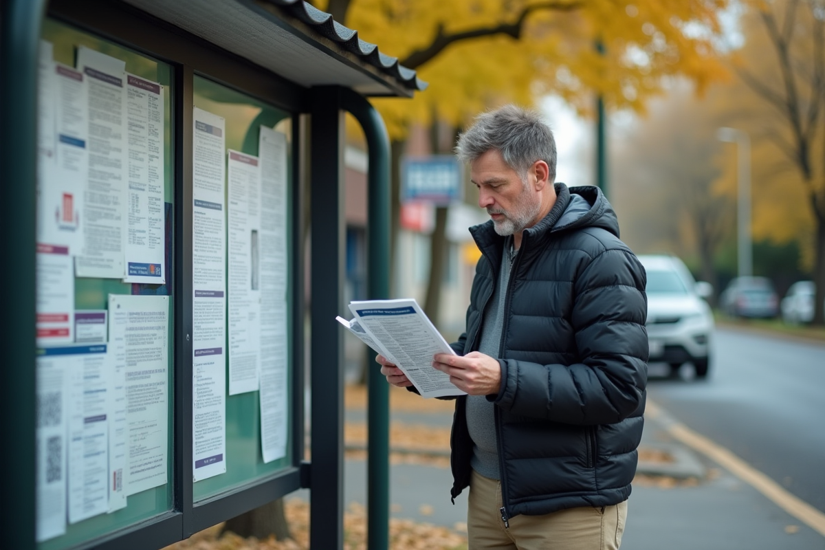 Homme lisant un guide de reglementation routiere devant une ecole de conduite