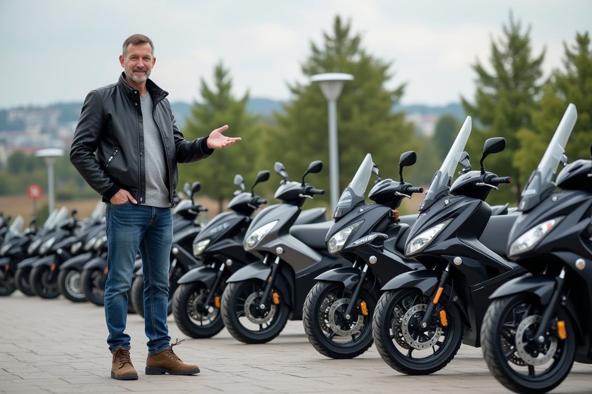 Homme en veste moto devant des motos 125cc en ville