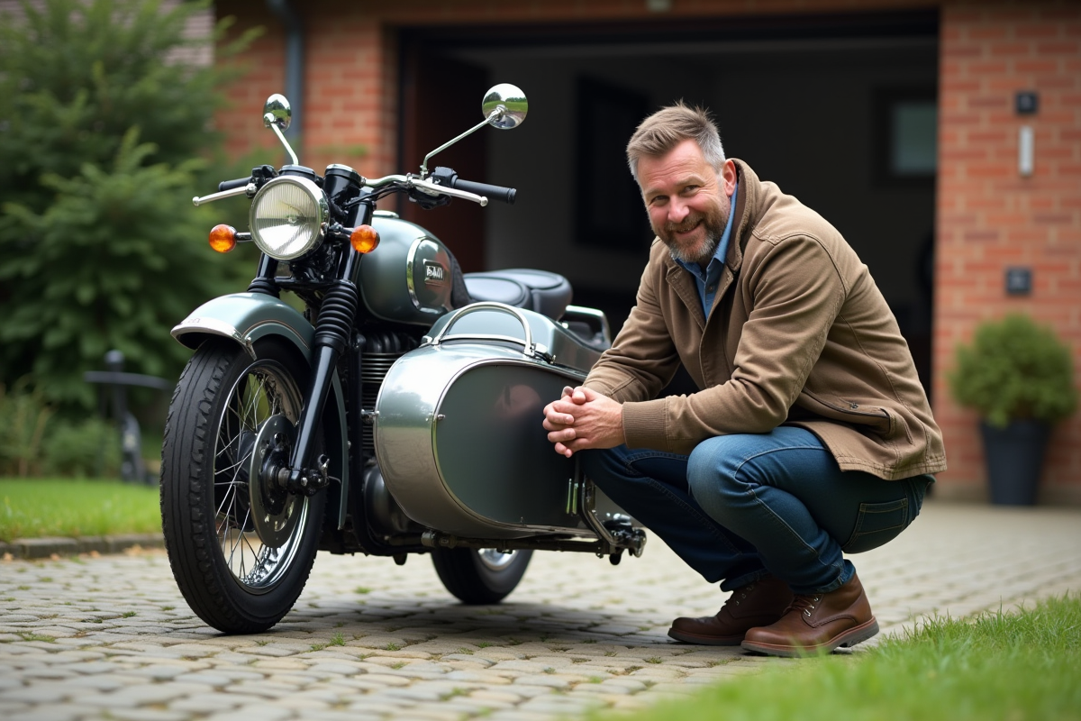 Homme d'âge moyen examinant un sidecar de moto classique