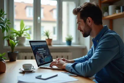 Homme pr&eacute;occup&eacute; devant un ordinateur dans la cuisine