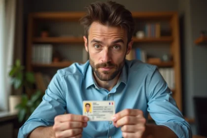 Homme examinant sa date de délivrance sur son permis de conduire français à son bureau