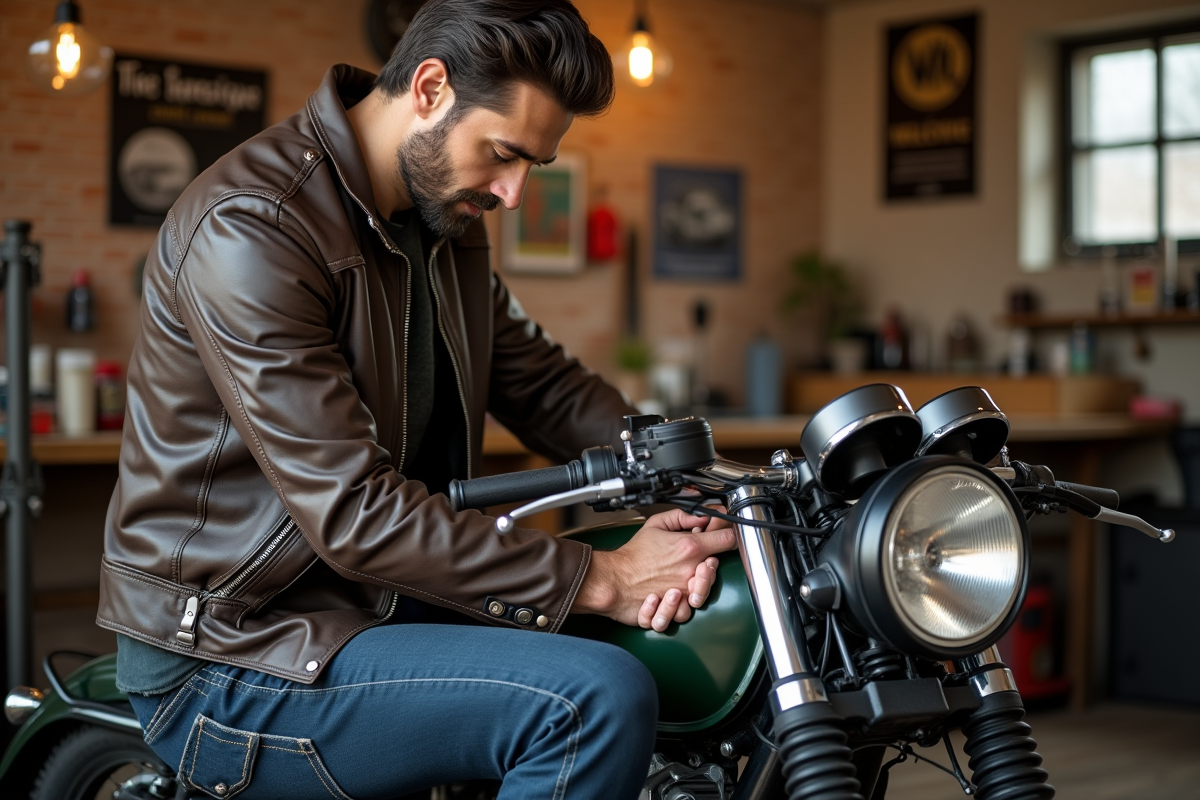 Homme en gear vintage polissant une moto ancienne dans un garage