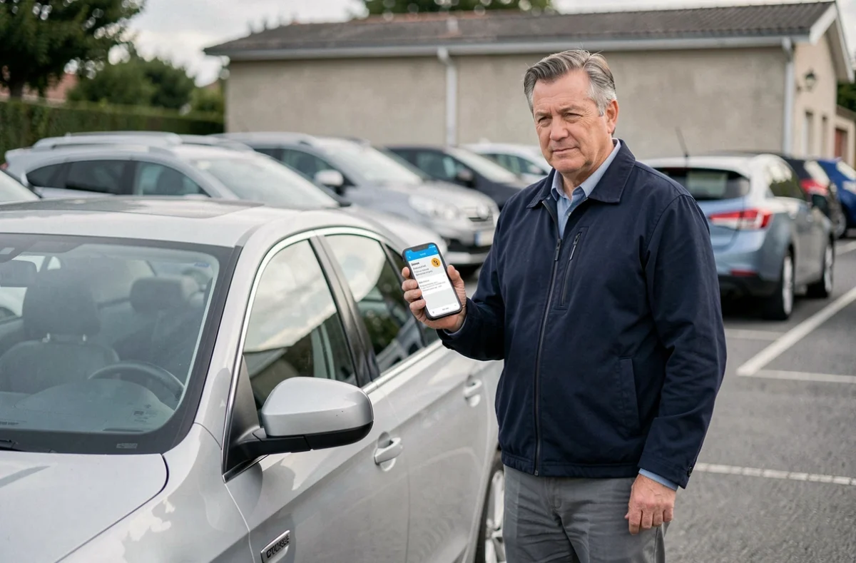 Homme vérifiant le rappel d'échéance assurance auto sur son smartphone près de sa voiture
