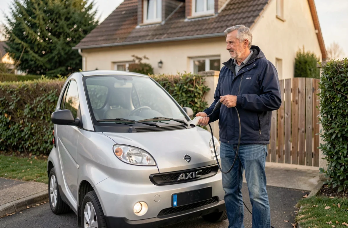 Homme d'âge moyen tenant un câble de recharge à côté d'une Aixam électrique argentée dans une allée pavillonnaire