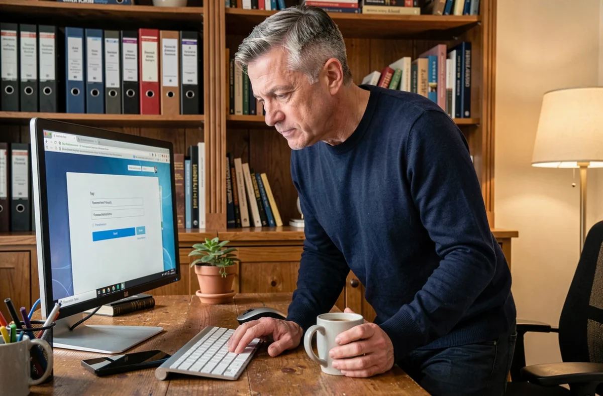 Homme tentant de réinitialiser son mot de passe sur un portail de connexion depuis son bureau à domicile