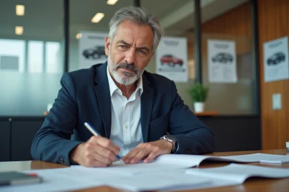 Homme d'&acirc;ge moyen remplissant des formulaires dans un bureau moderne