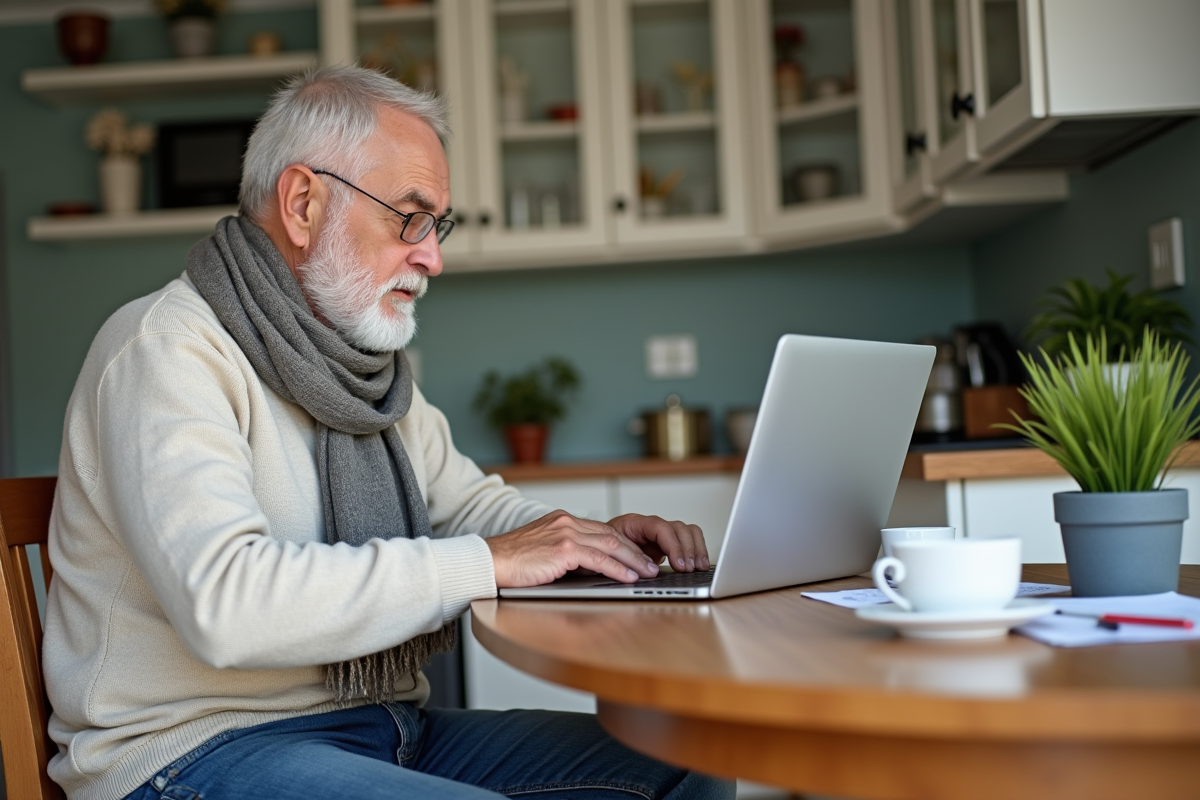 Homme âgé remplissant un formulaire de permis en ligne à la maison