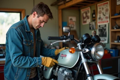 Homme d'&acirc;ge moyen r&eacute;assemble moteur Kawasaki KZ400 dans un garage