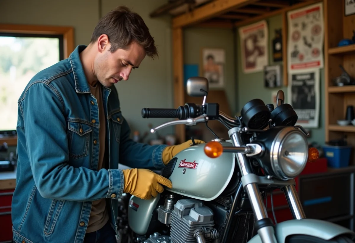 Homme d'âge moyen réassemble moteur Kawasaki KZ400 dans un garage