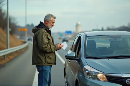 Homme d'&acirc;ge moyen v&eacute;rifiant un re&ccedil;u &agrave; c&ocirc;t&eacute; de sa voiture sur l'aire de repos