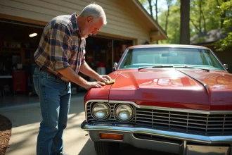Homme polissant une Chevrolet Impala 1967 restaurée