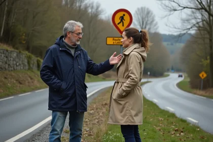Homme devant panneau prioritaire en campagne fran&ccedil;aise
