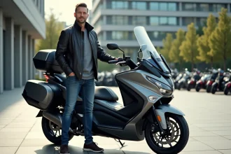 Homme confiant avec scooter 2026 TMAX en ville
