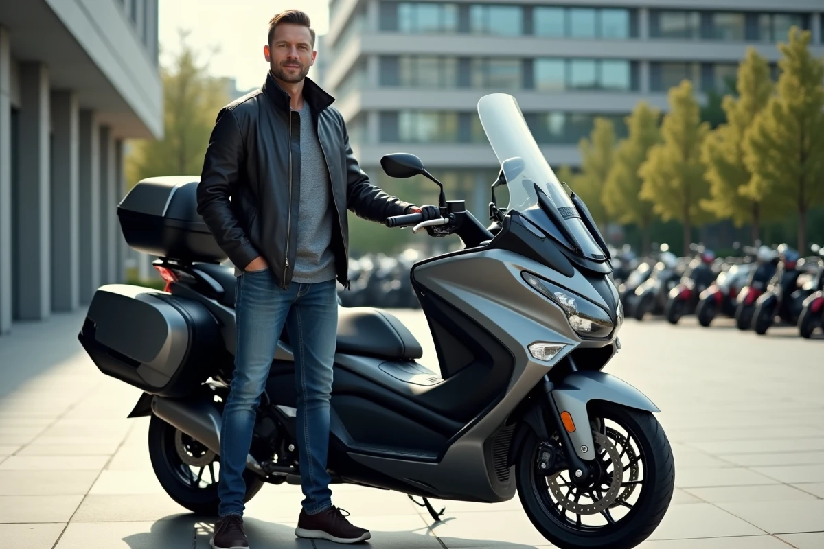 Homme confiant avec scooter 2026 TMAX en ville