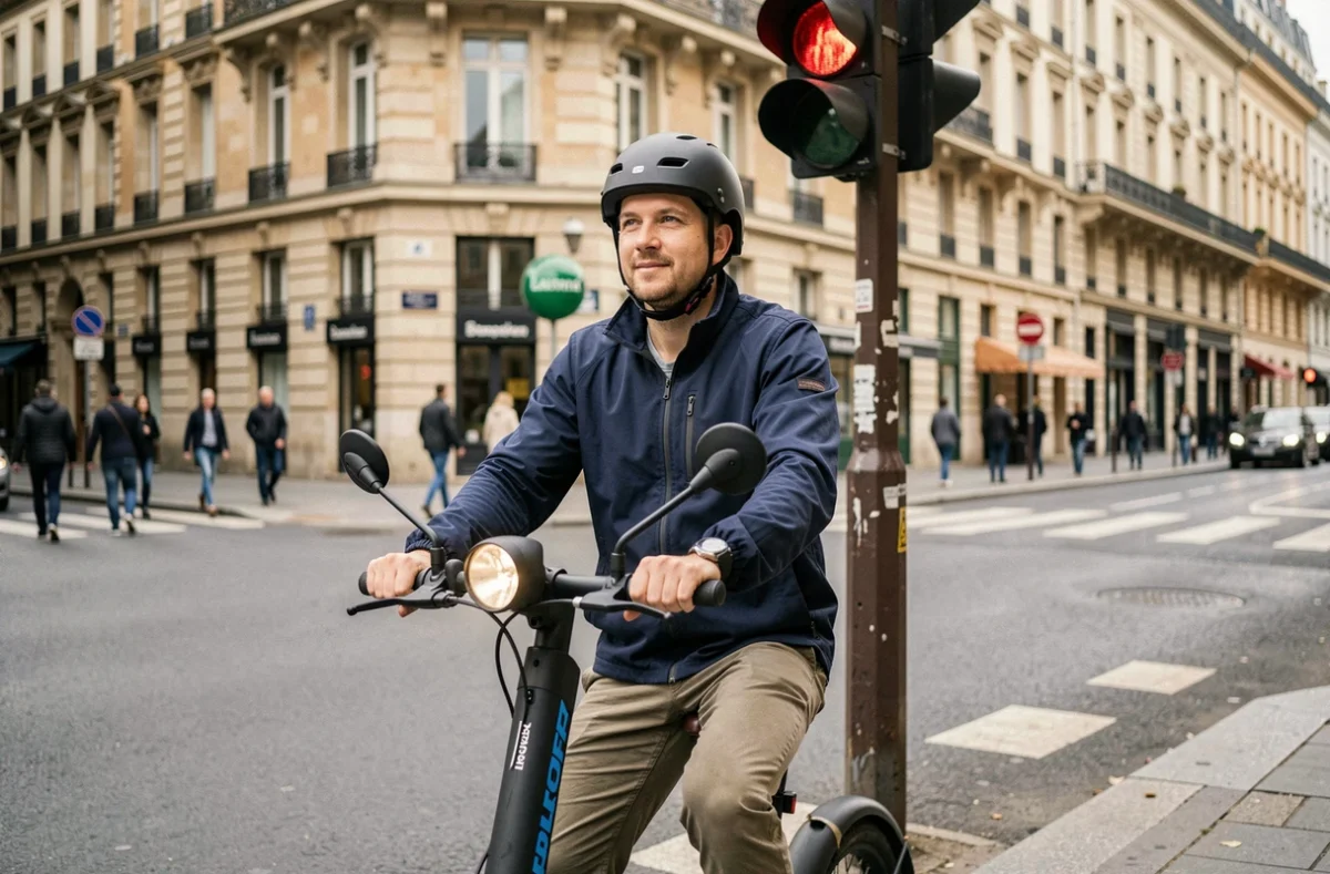 Homme arrêté à un feu rouge sur un scooter électrique partagé Mober au cœur de Paris en journée