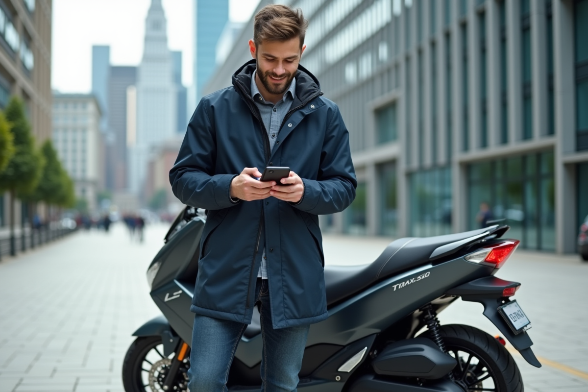 Homme avec scooter TMAX 560 en ville moderne