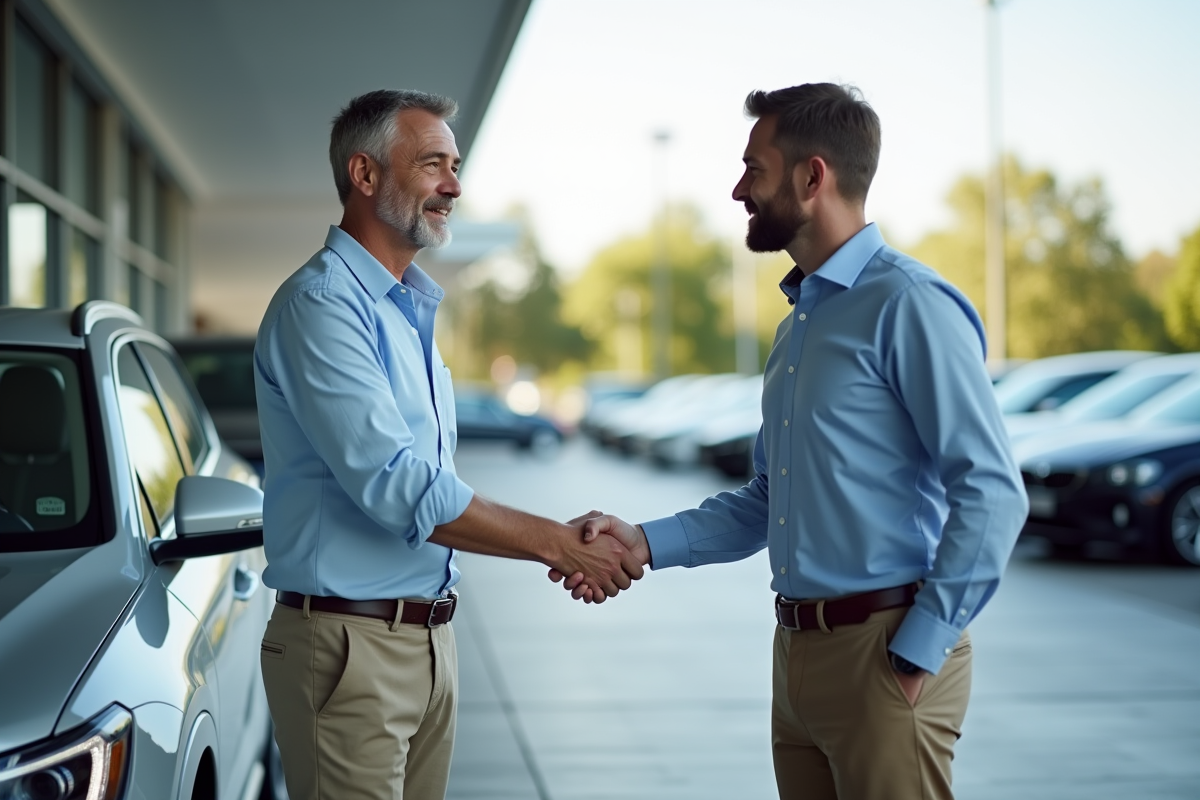 Homme d age serrant la main d un agent de concession automobile