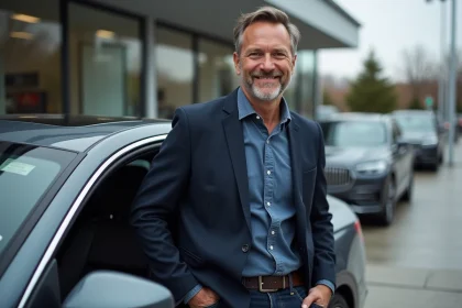 Homme souriant en blazer devant voiture d'occasion