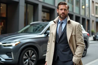 Homme élégant en costume avec SUV de luxe en ville