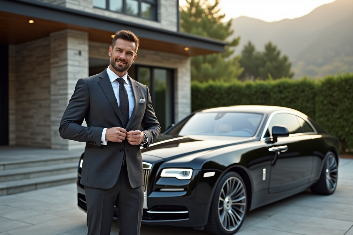 Homme élégant en costume ajusté près d'une voiture de luxe