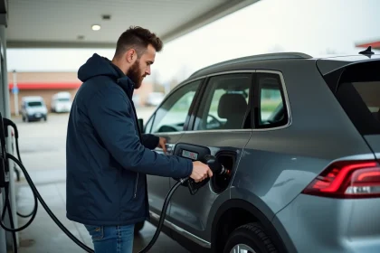 Homme regardant l'&eacute;cran du v&eacute;hicule pr&egrave;s d'une station essence