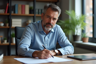 Homme d'âge moyen travaillant à son bureau à domicile