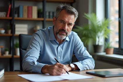 Homme d'&acirc;ge moyen travaillant &agrave; son bureau &agrave; domicile